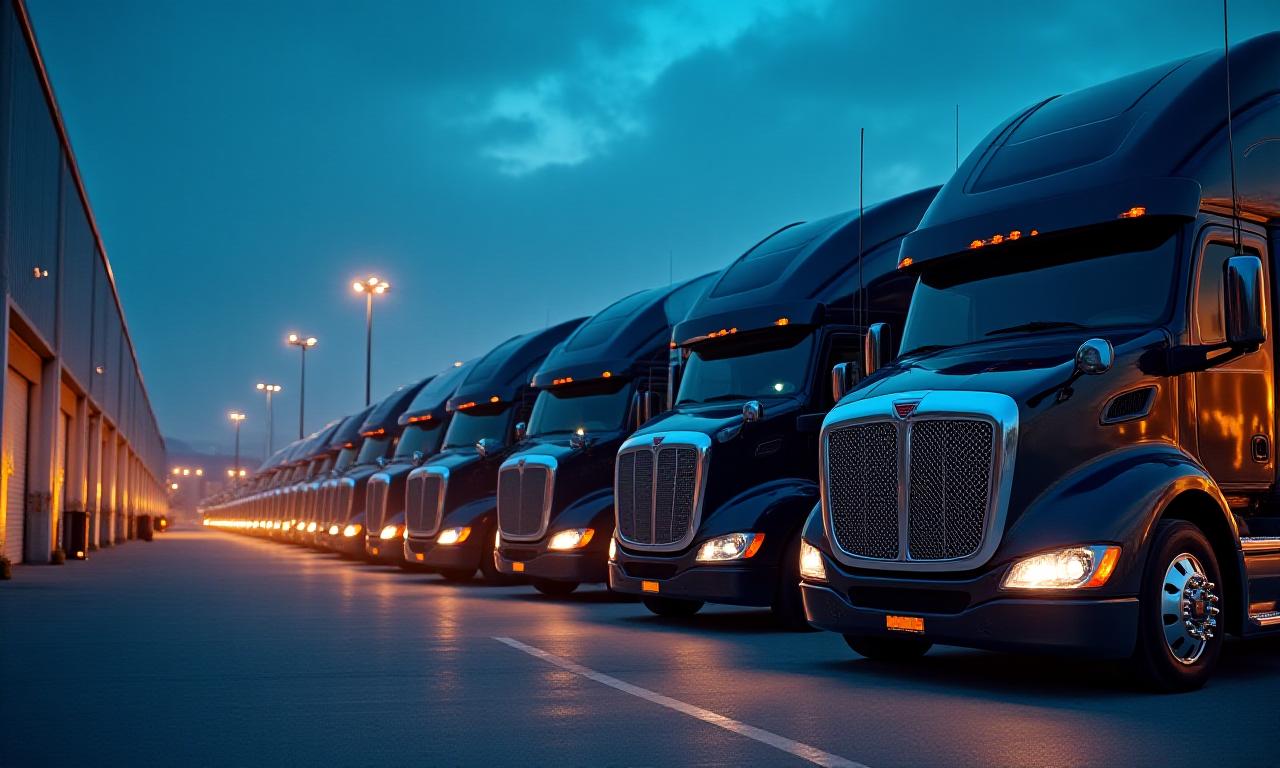 Heavy duty logistics trucks in dispatch yard